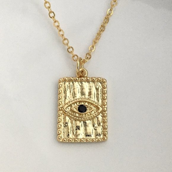 Gold Plated Evil Eye Rectangle All Seeing Eye Cubic Zirconia Charm Necklace - Picture 1 of 7